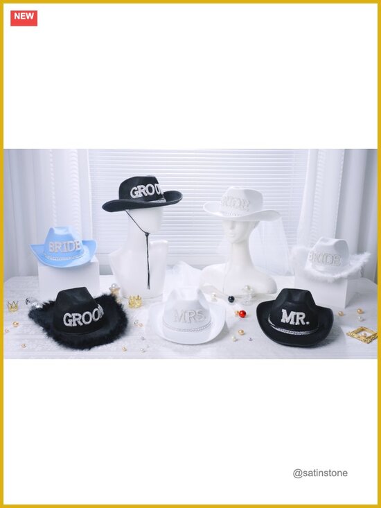 2 Pcs Bride & Groom Cowboy Hats with Veil and Feathers Wedding Party Costume